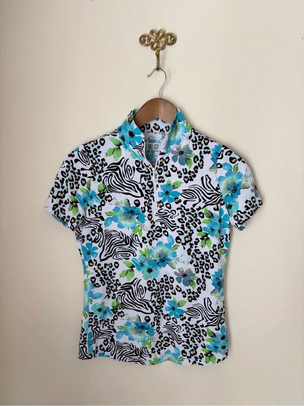 Ibkul Floral Animal Print Short Sleeve Mock Neck Top XS